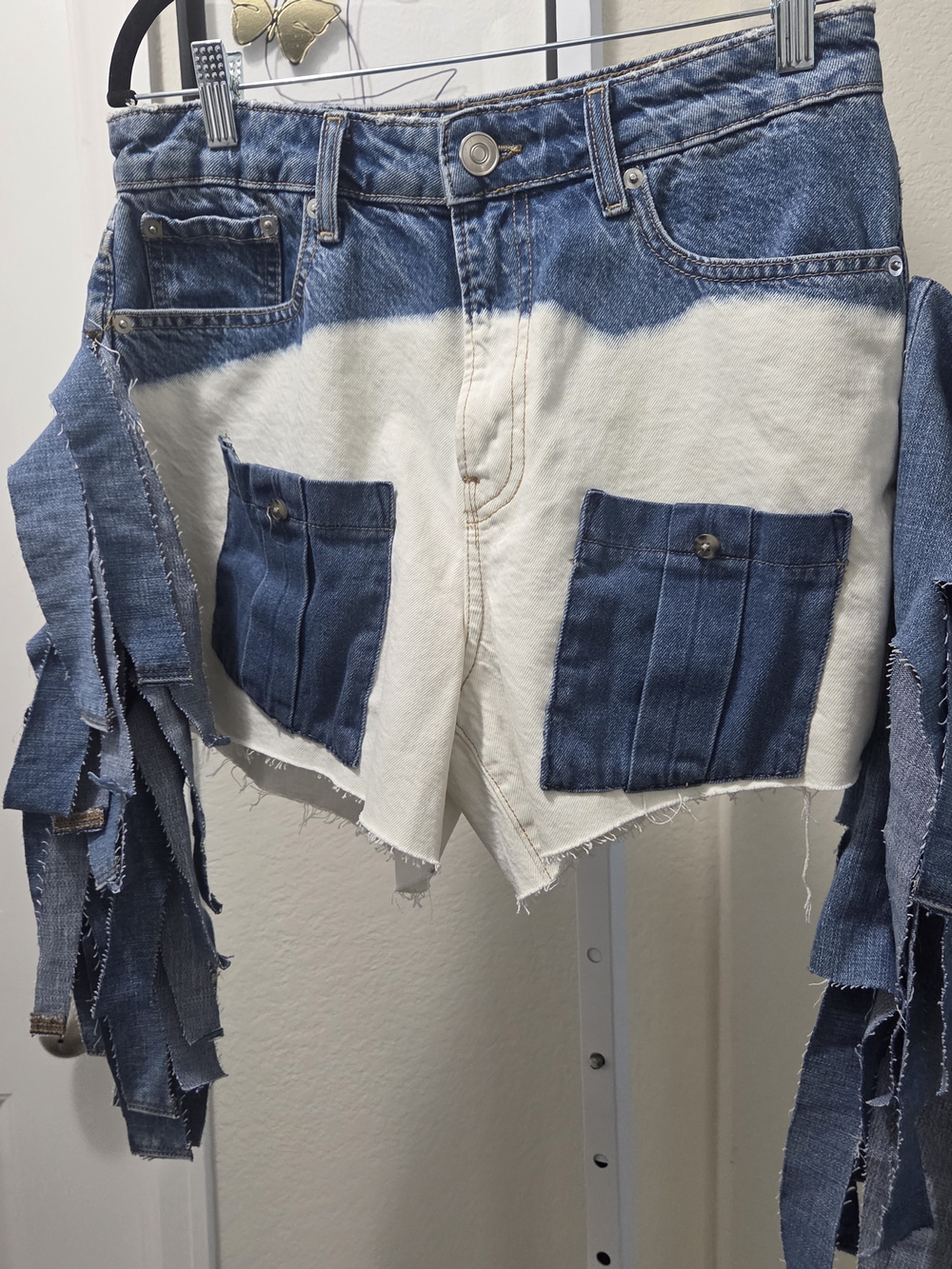 Denim Patchwork Fringe Shorts Blue/White - Picture 3 of 5